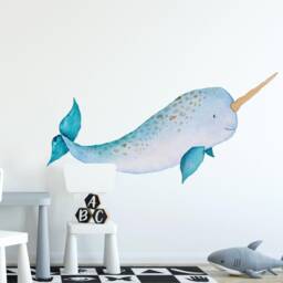 Baby Narwhal Fabric Wall Decal, Whale Ocean Sea Animal, Removable Sticker Peel & Stick Nursery Playroom Room Decor - thumbnail 2