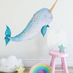 Baby Narwhal Fabric Wall Decal, Whale Ocean Sea Animal, Removable Sticker Peel & Stick Nursery Playroom Room Decor - thumbnail 3