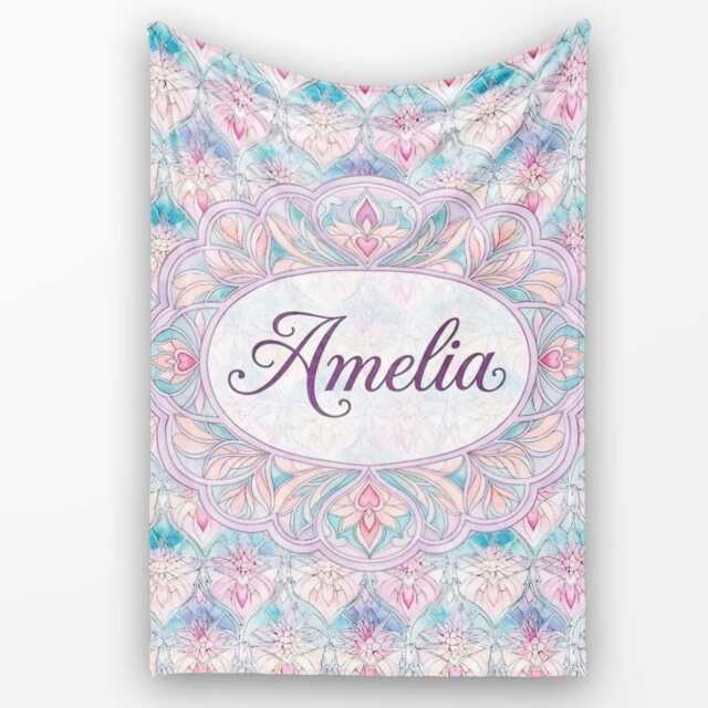 Pastel Art Nouveau Floral Soft Pink & Blue Seamless Pattern Lovely Personalised Custom Name Super Fleece Blanket Bed Sofa Throw - image 1