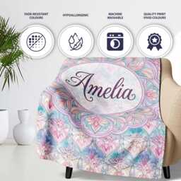 Pastel Art Nouveau Floral Soft Pink & Blue Seamless Pattern Lovely Personalised Custom Name Super Fleece Blanket Bed Sofa Throw - thumbnail 2