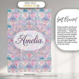 Pastel Art Nouveau Floral Soft Pink & Blue Seamless Pattern Lovely Personalised Custom Name Super Fleece Blanket Bed Sofa Throw - thumbnail 3
