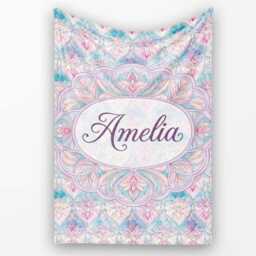 Pastel Art Nouveau Floral Soft Pink & Blue Seamless Pattern Lovely Personalised Custom Name Super Fleece Blanket Bed Sofa Throw - thumbnail 1