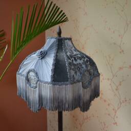 Hand-Stitched Velvet Lampshade Steel Grey Pleated Plaid Lampshade With Fringe - thumbnail 3