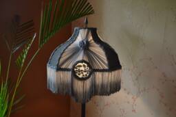 Hand-Stitched Velvet Lampshade Steel Grey Pleated Plaid Lampshade With Fringe