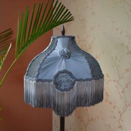Hand-Stitched Velvet Lampshade Steel Grey Pleated Plaid Lampshade With Fringe - thumbnail 2