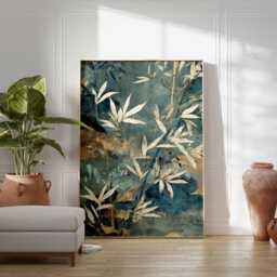 Bamboo Wall Art Print, Japanese Botanical Poster, Zen Nature Decor, Blue & Gold Oriental Design, Unframed Asian Style Artwork - thumbnail 2