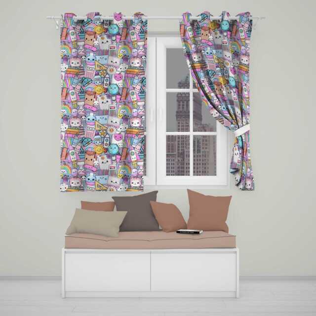 Cute Kawaii School Supplies Desk Rainbow Sun Globe Seamless Pattern Readymade Eyelet Ring Top Thermal 100% Blackout Curtains - image 1