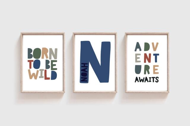 Set Of 3 Boys Nursery Prints, Bedroom Wall Art, Adventure Awaits, Born To Be Wild Print, Personalised Name Print - image 1
