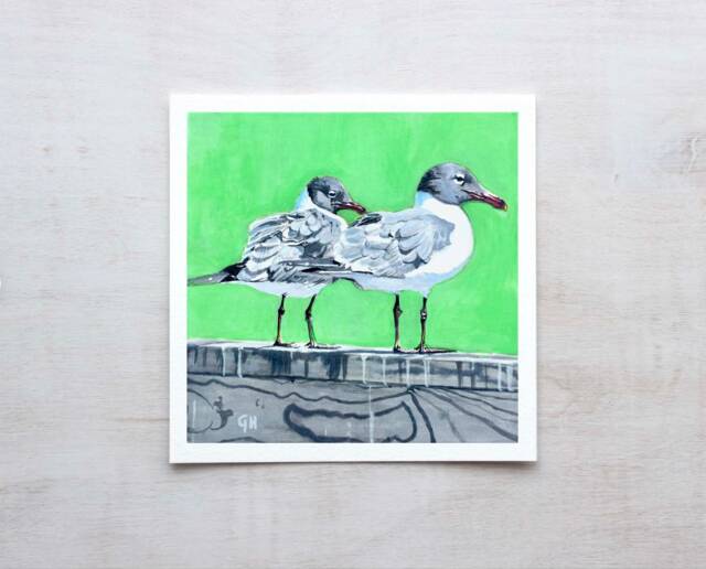 Two Seagulls - Art Print, Coastal Beach Bird Wall Art, Painting - image 1