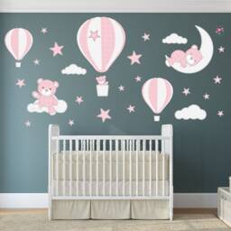 Teddy Bear Decal, Hot Air Balloon Wall Stickers, Stars Clouds & Moon, Pink Grey White, Baby Girls Nursery Room Decor, Toddler Gift - thumbnail 1