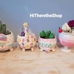 The Very Fun Collection 6 Handmade Ceramic Succulent Cactus Planter Pot. Hot Air Balloon. Giraffe. Turtle. Tortoise. Cocktail. Gift Ideas - thumbnail 2