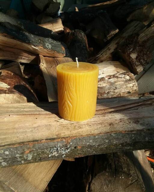 Michigan Beeswax Candle Wood Grain Pillar, Rustic Farmhouse Decor - 3.75 X 3 - image 1