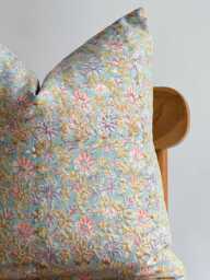 Block Print Pillow Cover Floral Batik, Boho Farmhouse Decor - thumbnail 1