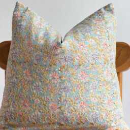 Block Print Pillow Cover Floral Batik, Boho Farmhouse Decor - thumbnail 2