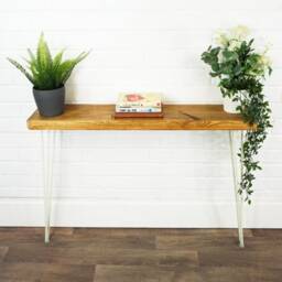 Rustic Console Table With White Hairpin Legs - Reclaimed Treated Timber Style Solid Wood Furniture 22cm X 4.4cm