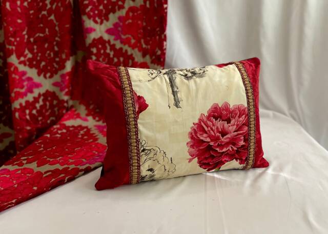 "Pierre Frey Floral Pillow Cover Red, Black & White Cotton Silk - 20""x 14" - image 1