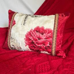 "Pierre Frey Floral Pillow Cover Red, Black & White Cotton Silk - 20""x 14" - thumbnail 2