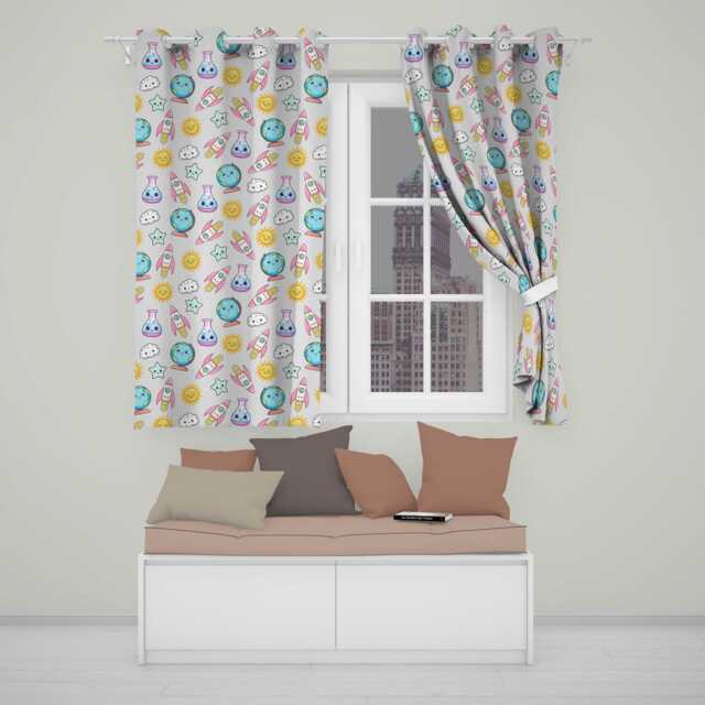 Cute Kawaii Space Rocket Globe Sun Cream Seamless Pattern Readymade Eyelet Ring Top Thermal 100% Blackout Curtains - image 1