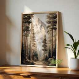 Mountain Forest Path Wall Art Print, Misty Pine Tree Painting, Tranquil Nature Poster, Hiking Decor, Rustic Cabin Decor For Living Room - thumbnail 3