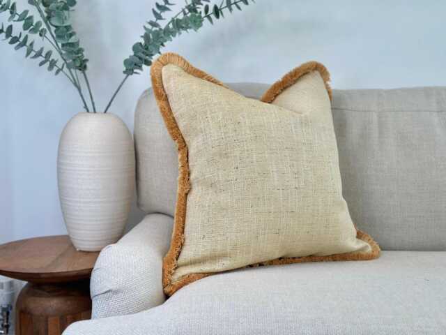 Yellow Textured Cushion Cover With Customisable Fringe Or Piping All Sizes - Ochre - image 1
