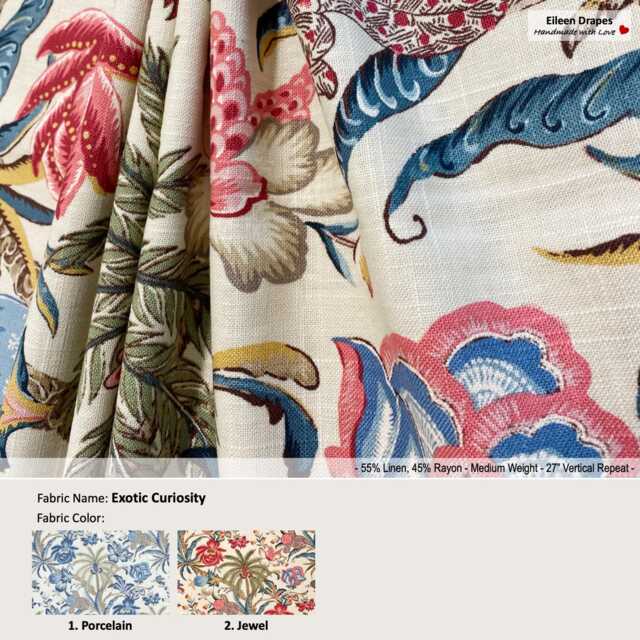Exotic Curiosity 2 Colors Jacobean Floral Flower Palm Tree Linen Blend Curtain, Valance Pleated, Lined Drapery Panel Offered As Upgrades - image 1