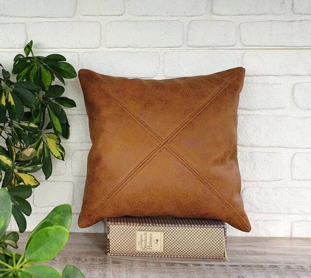 Camel Vegan Leather Pillow Cover Triangle Stitch, Modern Scandinavian - image 1