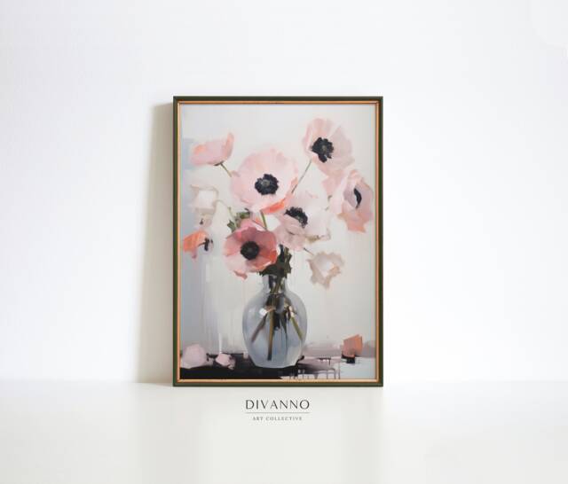 Minimalist Pink Poppies Print, Nordic Floral Digital Painting Poster, Flowers Vase Wall Art, Modern Home Decor, Living Room Canvas - image 1