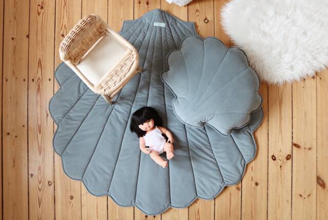 Shell Baby Play Mat Dark Blue, Velvet Nursery Rug, Mermaid Room Decor, Ocean Theme Floor Cushion, Soft Photo Prop, Shower Gift - image 1