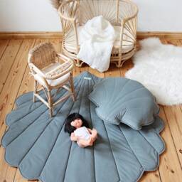 Shell Baby Play Mat Dark Blue, Velvet Nursery Rug, Mermaid Room Decor, Ocean Theme Floor Cushion, Soft Photo Prop, Shower Gift - thumbnail 2