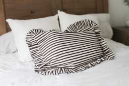 Brown White Striped Lumbar Pillow Cover - Ruffle Trim Cotton Cushion - 60x40cm - thumbnail 1