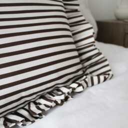 Brown White Striped Lumbar Pillow Cover - Ruffle Trim Cotton Cushion - 60x40cm - thumbnail 2