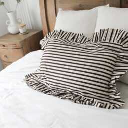 Brown White Striped Lumbar Pillow Cover - Ruffle Trim Cotton Cushion - 60x40cm - thumbnail 3