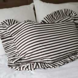 Brown White Striped Lumbar Pillow Cover - Ruffle Trim Cotton Cushion - 60x40cm - thumbnail 4