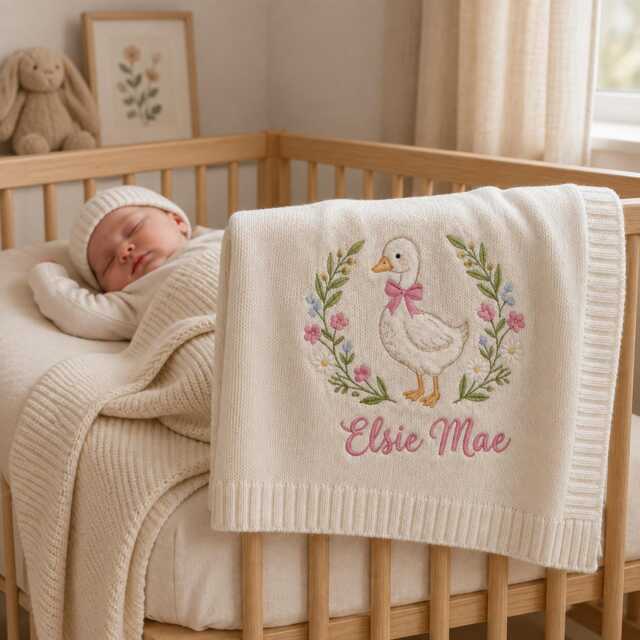 Personalized Baby Blanket, Goose Embroidery, Custom Name Nursery Floral Gift, Newborn Keepsake, Shower Crib Blanket - image 1