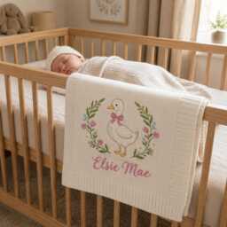 Personalized Baby Blanket, Goose Embroidery, Custom Name Nursery Floral Gift, Newborn Keepsake, Shower Crib Blanket - thumbnail 3