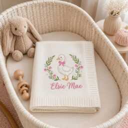 Personalized Baby Blanket, Goose Embroidery, Custom Name Nursery Floral Gift, Newborn Keepsake, Shower Crib Blanket - thumbnail 2