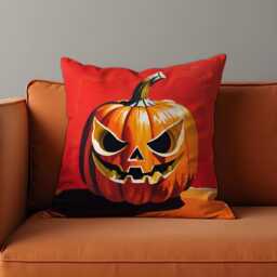 Scary Jack-O'-Lantern Cushion Cover, Bold Orange Pumpkin Face Pillow Case On Red, Spooky Halloween Decor For Couch, Sofa Or Party Space - thumbnail 1