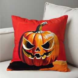 Scary Jack-O'-Lantern Cushion Cover, Bold Orange Pumpkin Face Pillow Case On Red, Spooky Halloween Decor For Couch, Sofa Or Party Space - thumbnail 4