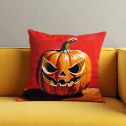 Scary Jack-O'-Lantern Cushion Cover, Bold Orange Pumpkin Face Pillow Case On Red, Spooky Halloween Decor For Couch, Sofa Or Party Space - thumbnail 3