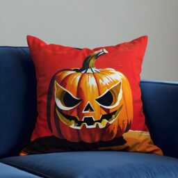 Scary Jack-O'-Lantern Cushion Cover, Bold Orange Pumpkin Face Pillow Case On Red, Spooky Halloween Decor For Couch, Sofa Or Party Space - thumbnail 2