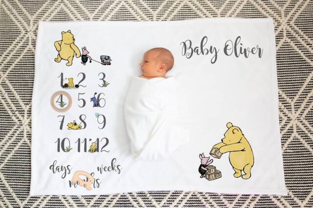 Personalised Pooh Bear Baby Milestone Blanket Flannel Nursery Decor - image 1