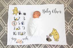 Personalised Pooh Bear Baby Milestone Blanket Flannel Nursery Decor - thumbnail 1