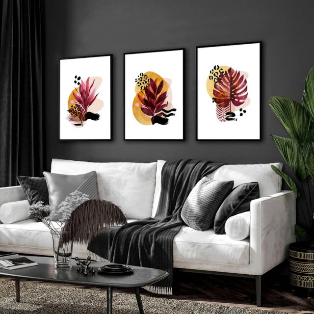 Home Decor Wall Hanging Set X 3 Framed Art Prints For Living Room, Gold Luxury Botanical Decor Eclectic - image 1