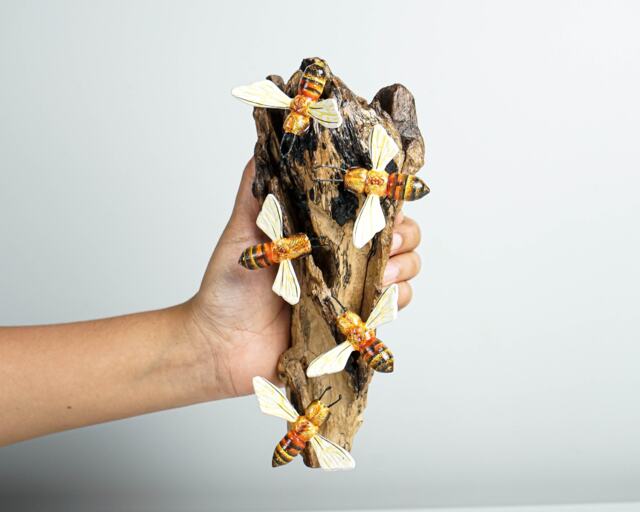 Bee Comb Statue, Bees Figurine, Wood Carving, Handmade, Painted Bee, Wall Hanging, Animal Decor, Unique Decoration, Lucky Gifts - image 1