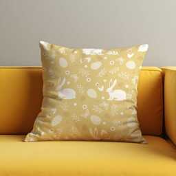Easter Cushion Cover, Yellow Bunny Pattern Pillow Case, Spring Rabbit Decor, Floral Egg Print Sofa Case - thumbnail 1