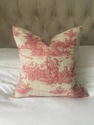Red Toile De Jouy Pillow Cover, French Vintage Linen Bedding, Farmhouse Decor - thumbnail 1