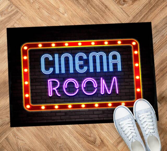 Cinema Movie Room Door Mat - Neon Lights Style Retro Home Theatre Decor Accessories - image 1