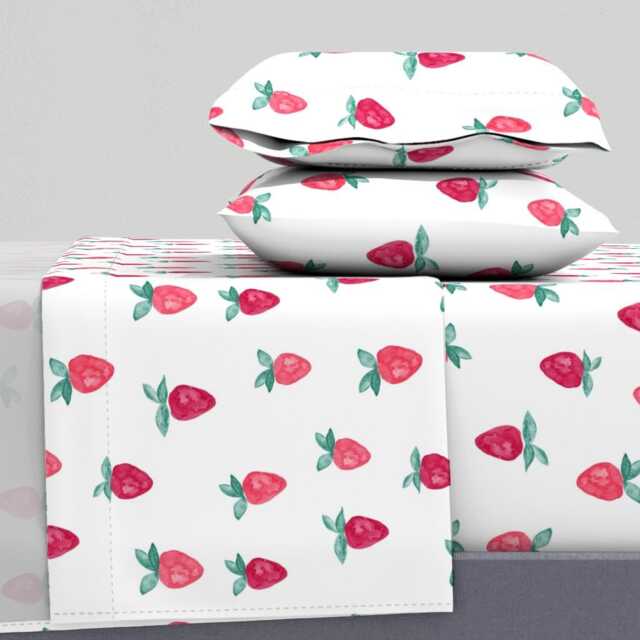 Strawberry Sheets - Watercolor Strawberries By Littlearrowdesign Whimsical Fruit Trendy Cotton Sateen Sheet Set Bedding Spoonflower - image 1
