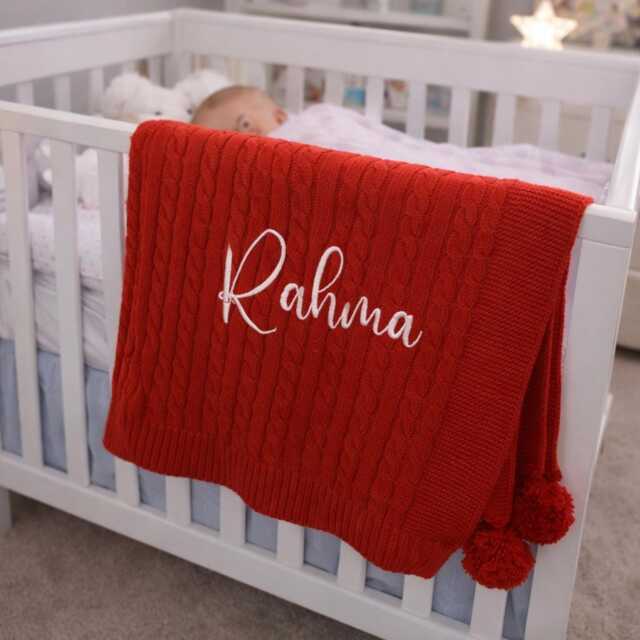 Personalised Baby Blanket, Embroidered, Cable Knit With Pom Poms , Personalized Baby Gift, Red - image 1