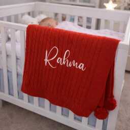 Personalised Baby Blanket, Embroidered, Cable Knit With Pom Poms , Personalized Baby Gift, Red